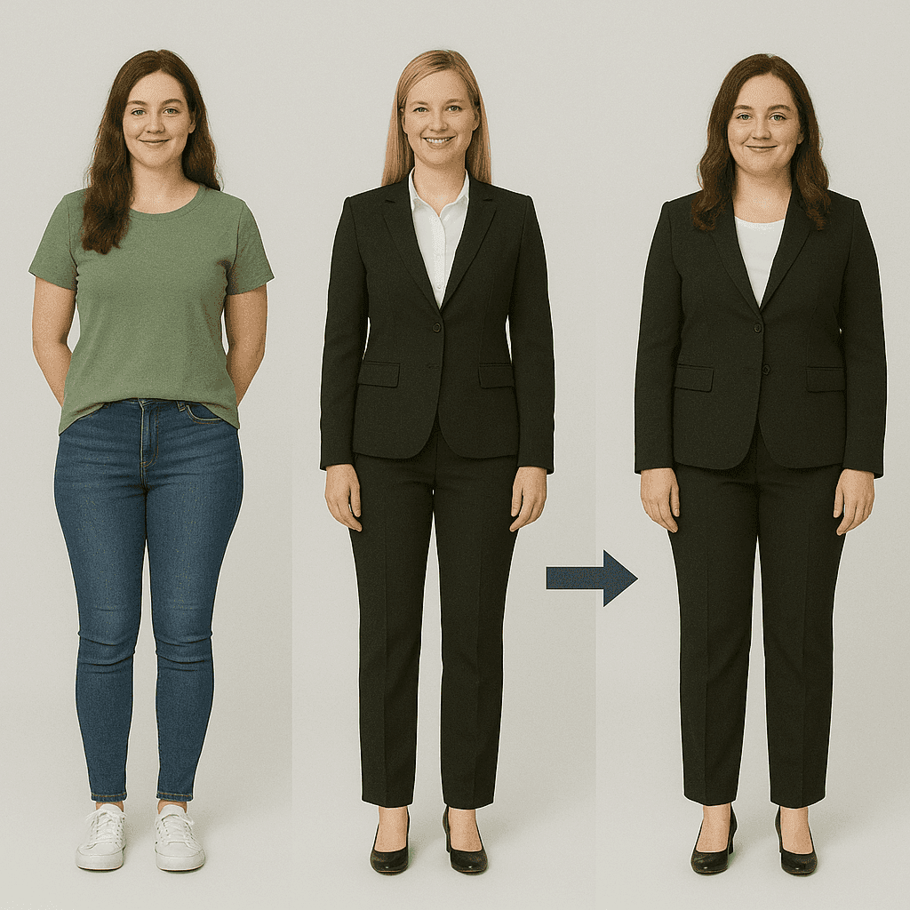 Before and after example of a professional wardrobe face swap created with faceswap.com.de https://faceswap.com.de/